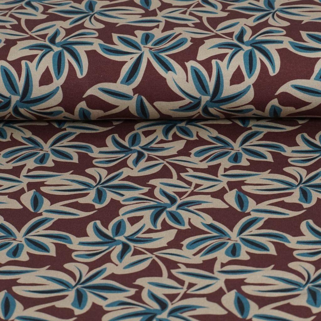 REST French Terry Blätter türkis auf altrosa braun – FVJ